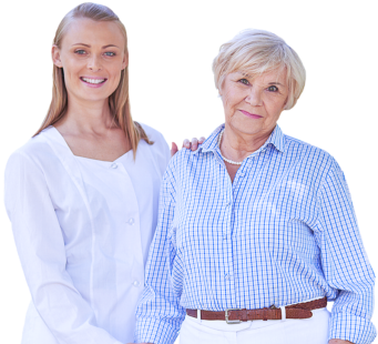 female caregiver and senior woman smiling